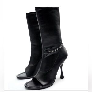 Zara Black Faux Leather Mid Calf Open Toe Boots Sz 39/8